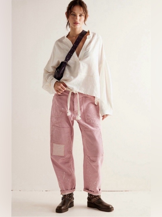 We The Free Denim - We The Free People Pink Striped Moxie Barrel Jeans Dried Rose Distressed NWOT